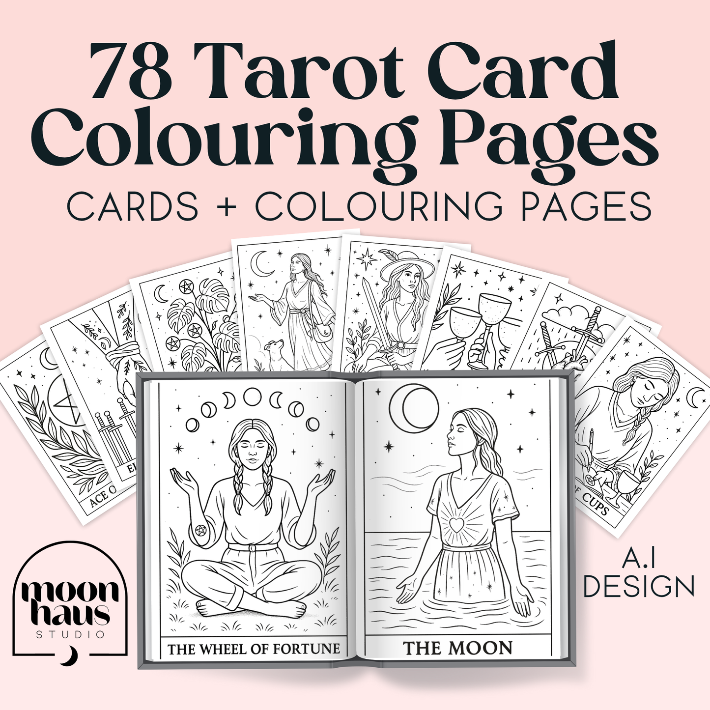 78 Tarot Colouring Pages Deck, Printable Tarot Cards to Colour, Digital Mindful Art for Creatives & Tarot Lovers