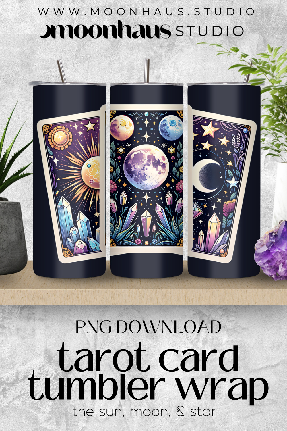 tarot card reading skinny straight tumbler wrap 20oz PNG for sublimation | sun, moon, star | tarot reading, oracle deck, tarot art printable