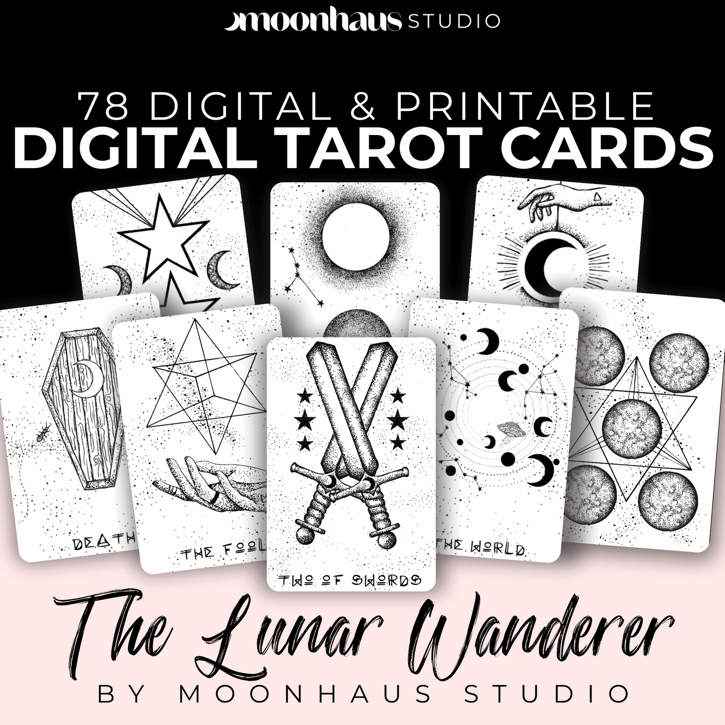 Printable & Digital Tarot Card Deck: The Lunar Wanderer, Indie, Hand Drawn Tarot Art