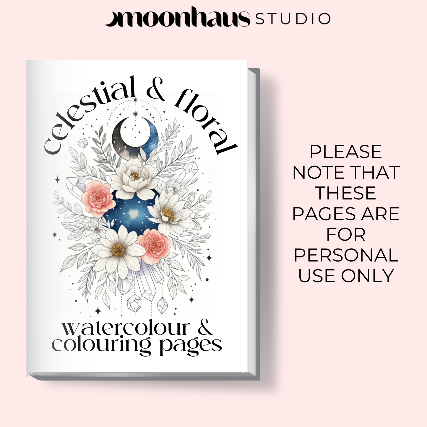 printable adult colouring & watercolour book: floral & celestial, digital download PDF