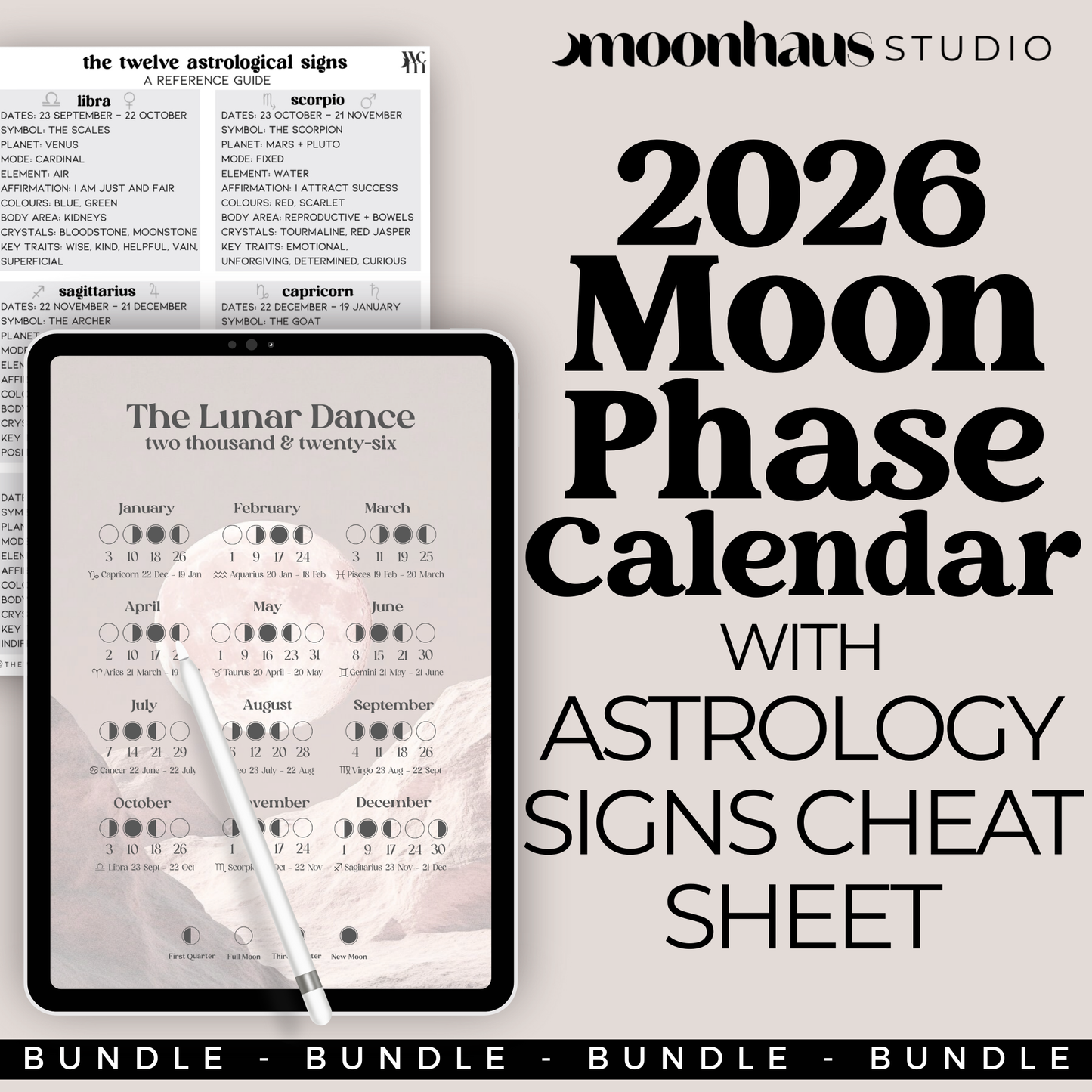 2026 Moon Phase Calendar Printable | Lunar Planner PDF | Witchy Astrology Celestial Decor Wall Art | Digital Journal Insert