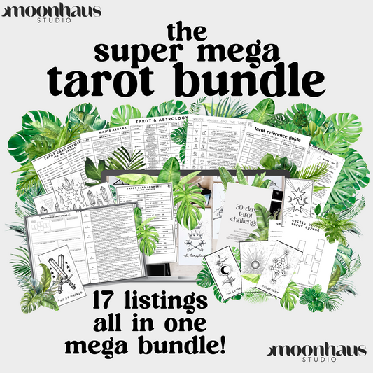 mega tarot bundle set - tarot cheat sheets, tarot readings, workbooks, journals, tarot spreads, digital tarot decks