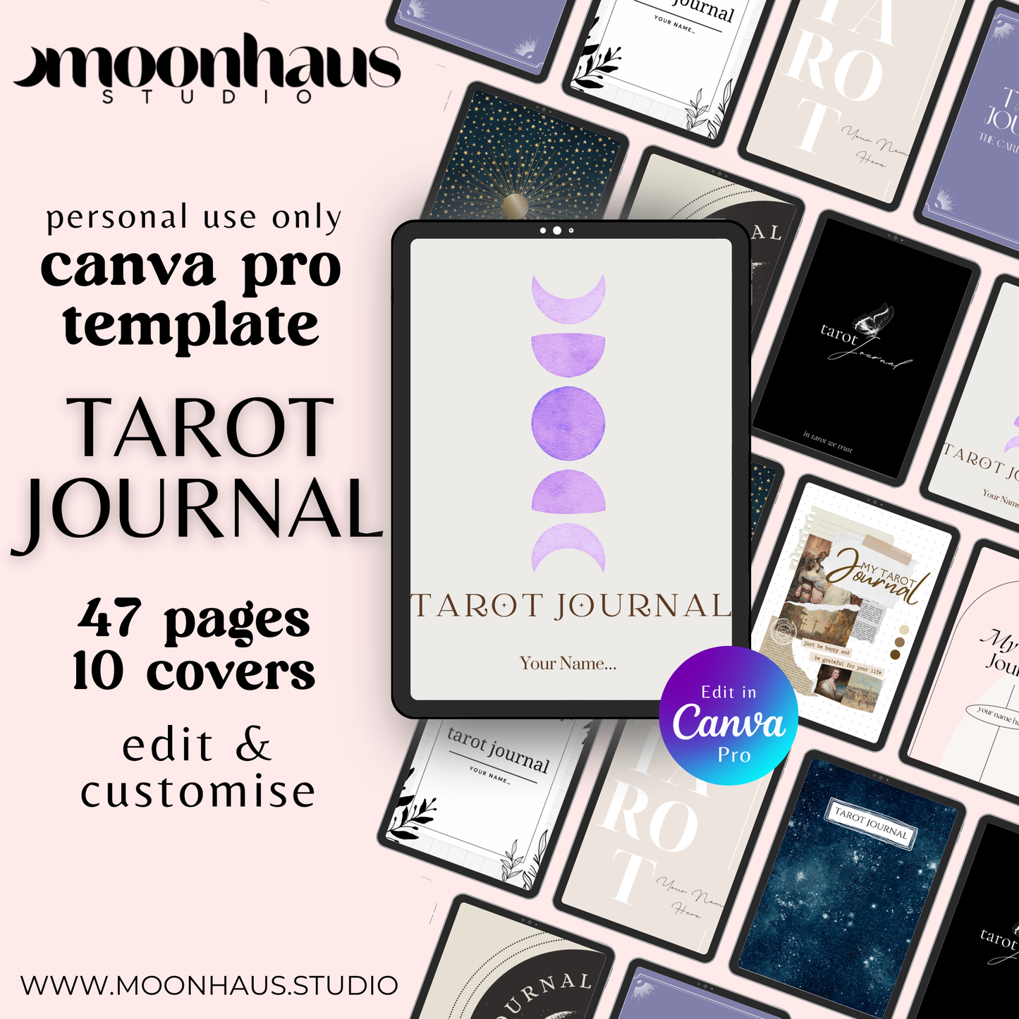 tarot journal canva template: 47 pages with 10 covers | tarot spreads, card readings, tarot card meaning | digital, printable planner junk