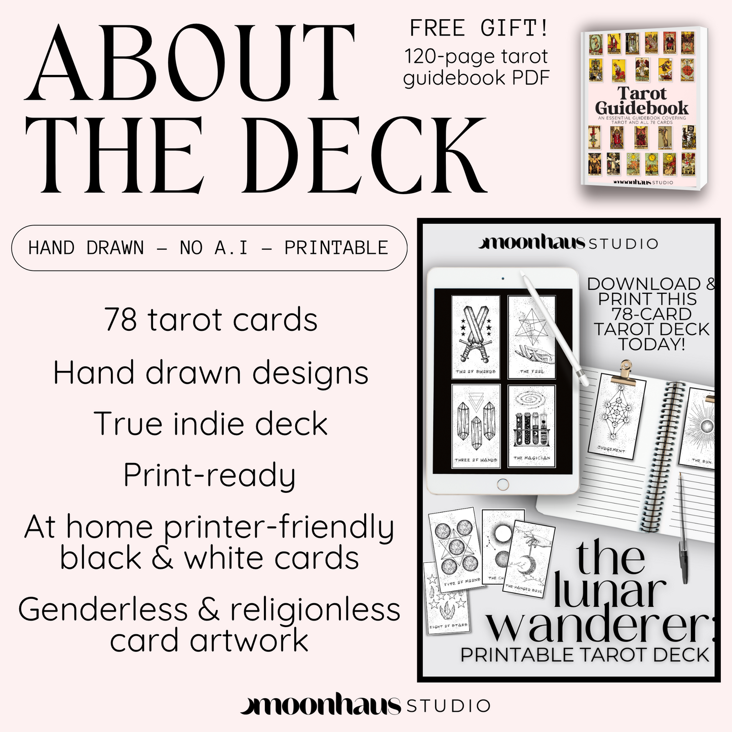 Printable & Digital Tarot Card Deck: The Lunar Wanderer, Indie, Hand Drawn Tarot Art | Free at Checkout