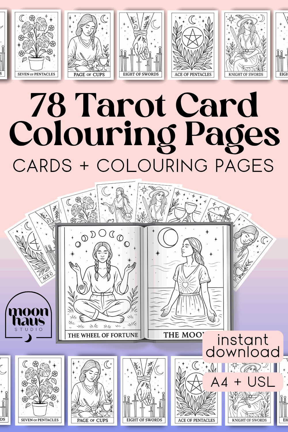 78 Tarot Card Colouring Pages Deck (( USE CODE AMANDA1 )) Printable Tarot Cards to Colour, Digital Mindful Art for Creatives & Tarot Lovers