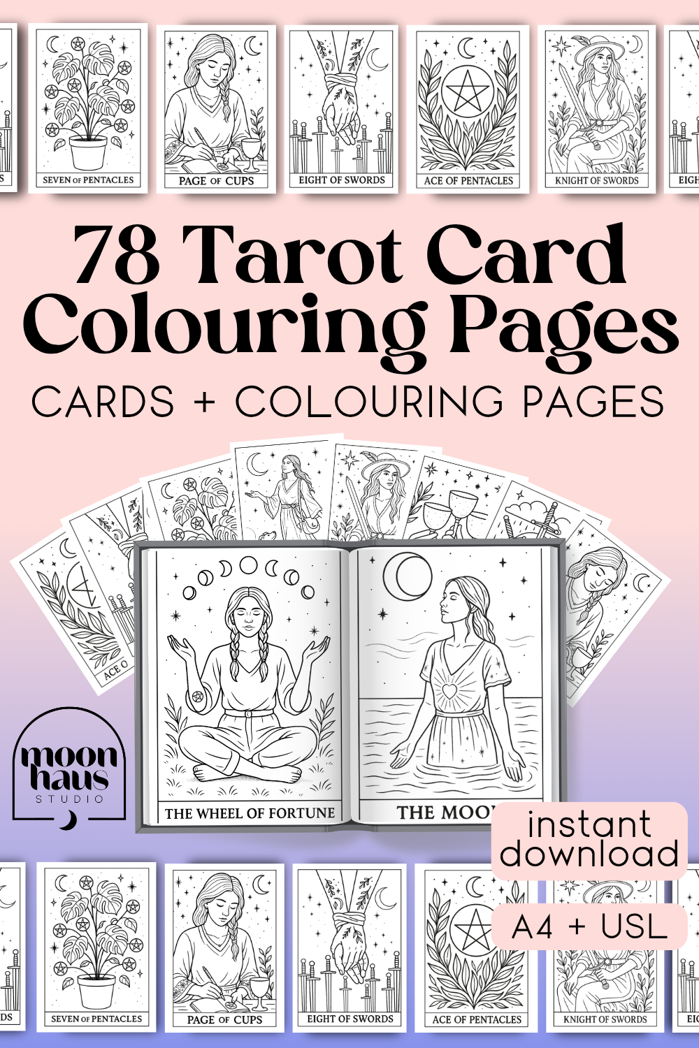 78 Tarot Colouring Pages Deck, Printable Tarot Cards to Colour, Digital Mindful Art for Creatives & Tarot Lovers