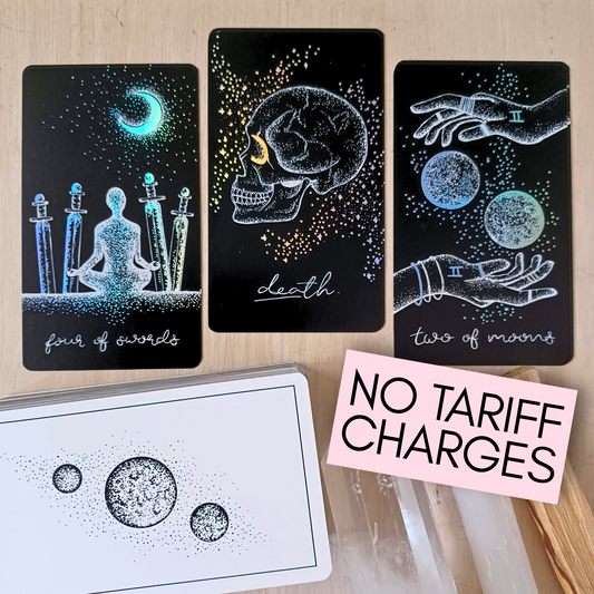 tarot cards deck, aesthetic: black tarot card art with holographic details & guidebook, indie tarot deck Midnight Sky Special Edition