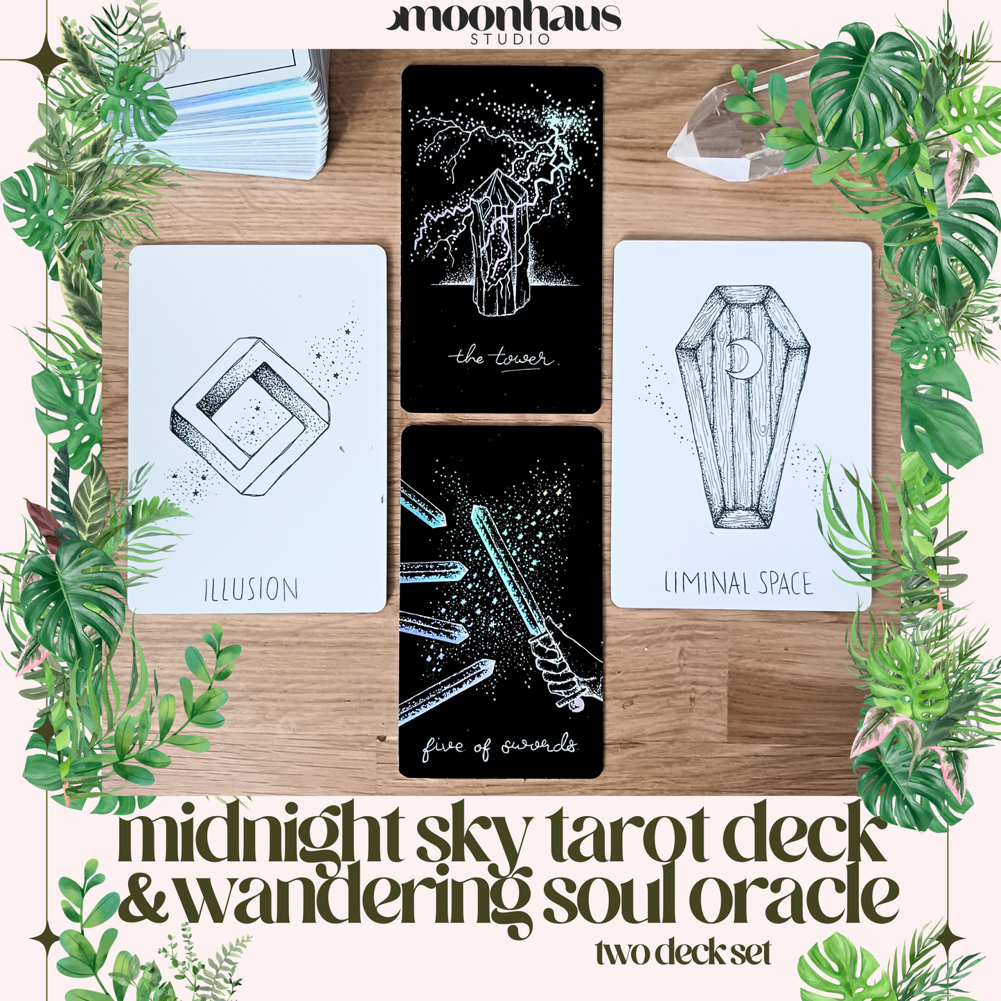 tarot card & oracle deck gift set: indie deck bundle | holographic, unique aesthetic | white & black tarot cards & oracle cards | divination guidebook with tarot spreads