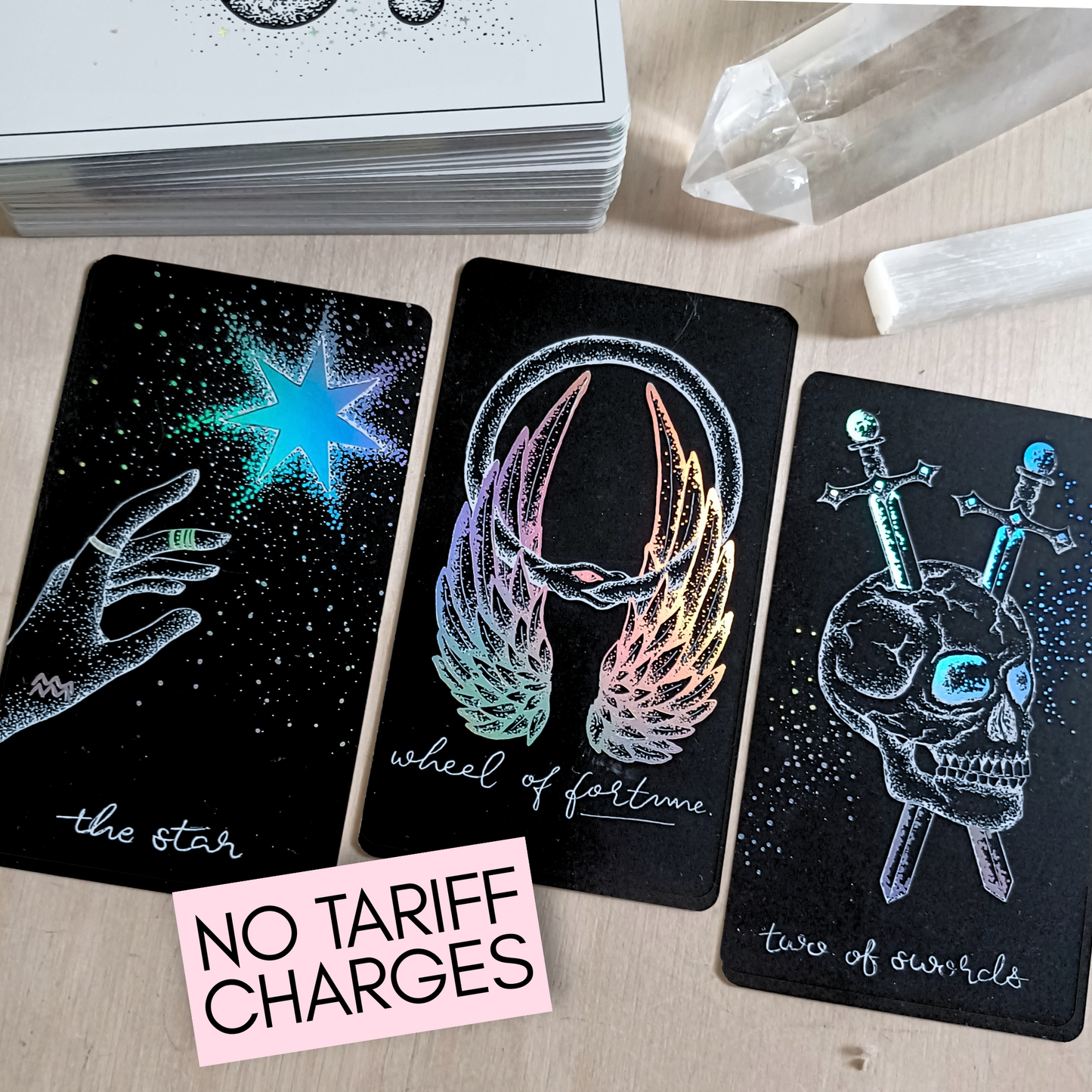 tarot cards deck, aesthetic: black tarot card art with holographic details & guidebook, indie tarot deck Midnight Sky Special Edition