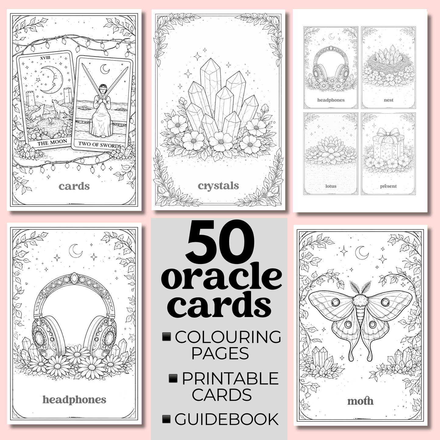 50 Printable Oracle Card Deck of Colouring Pages, Printable & Digital