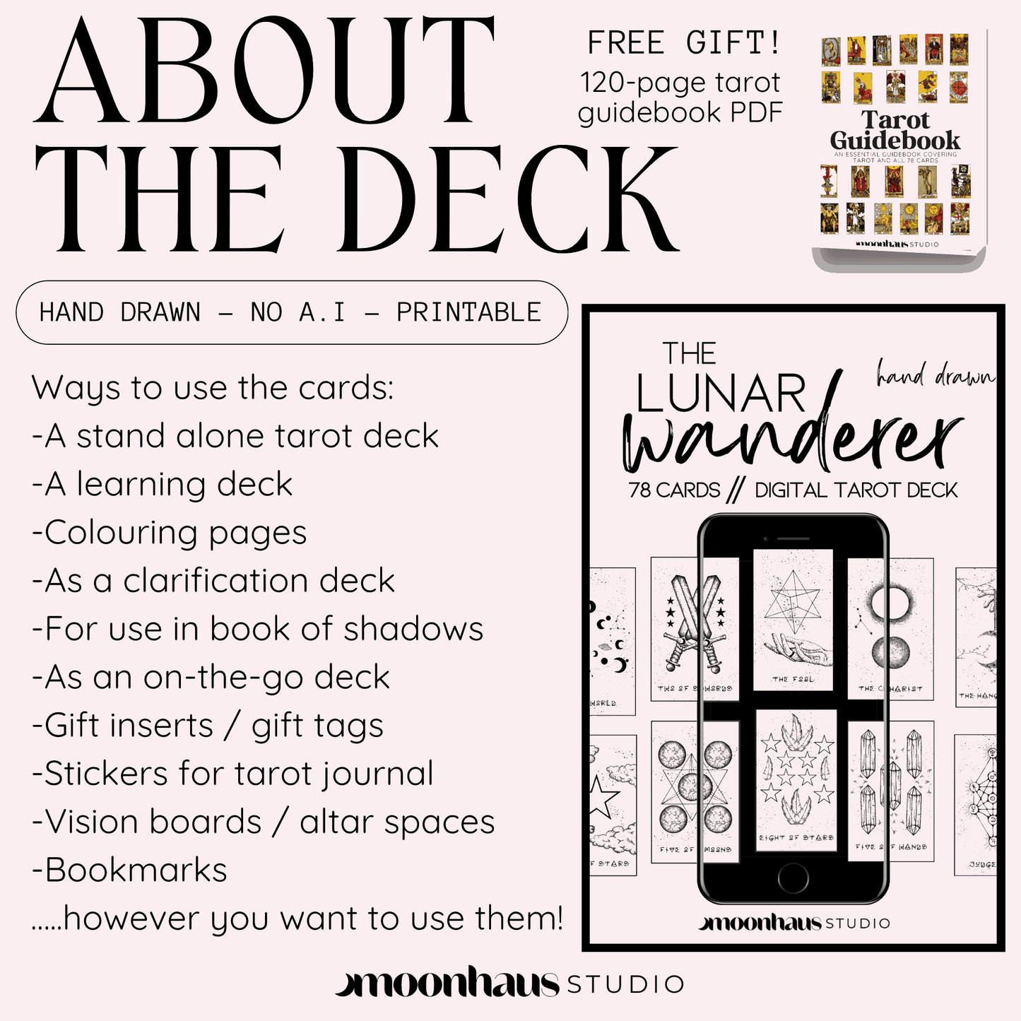 Printable & Digital Tarot Card Deck: The Lunar Wanderer, Indie, Hand Drawn Tarot Art