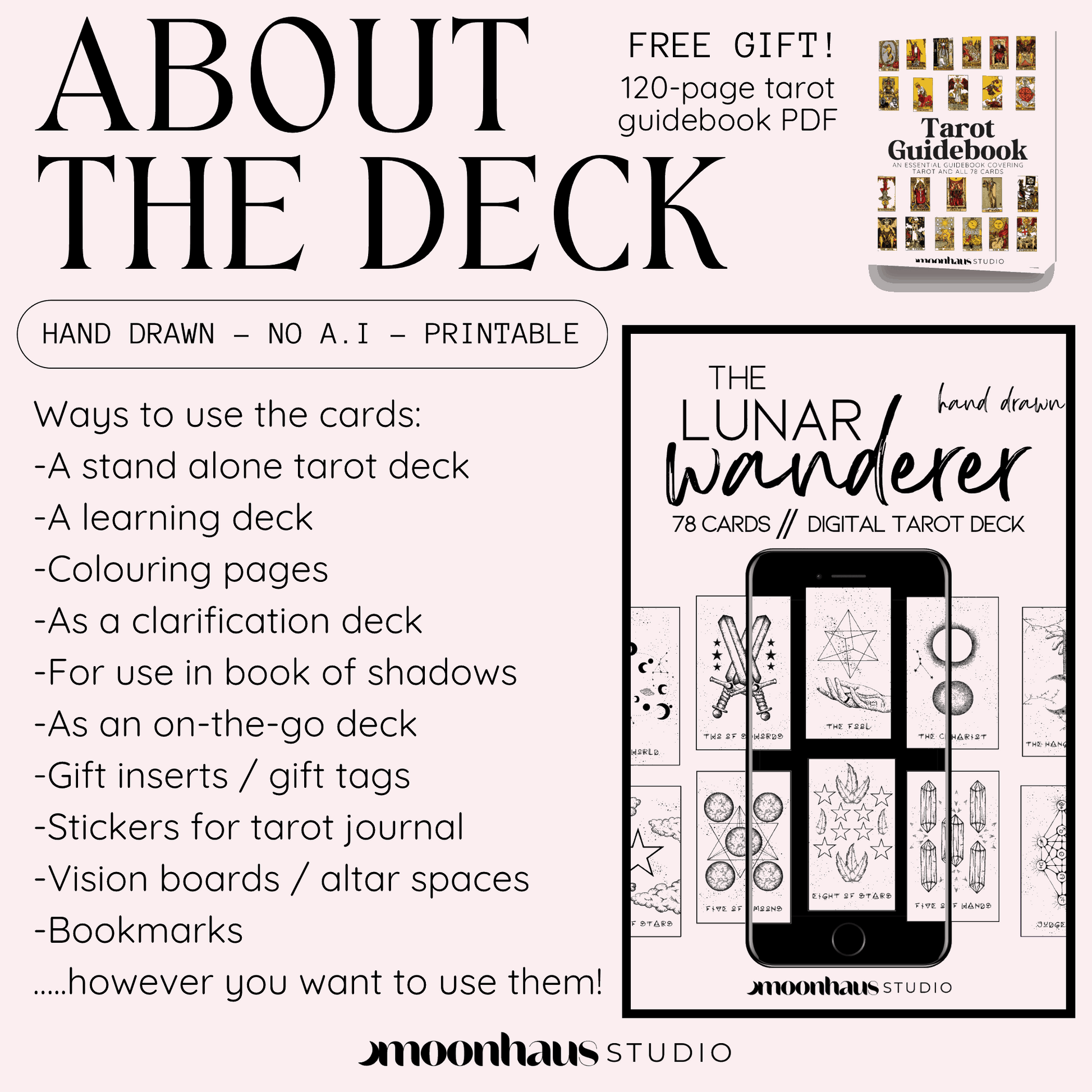 Printable & Digital Tarot Card Deck: The Lunar Wanderer, Indie, Hand Drawn Tarot Art