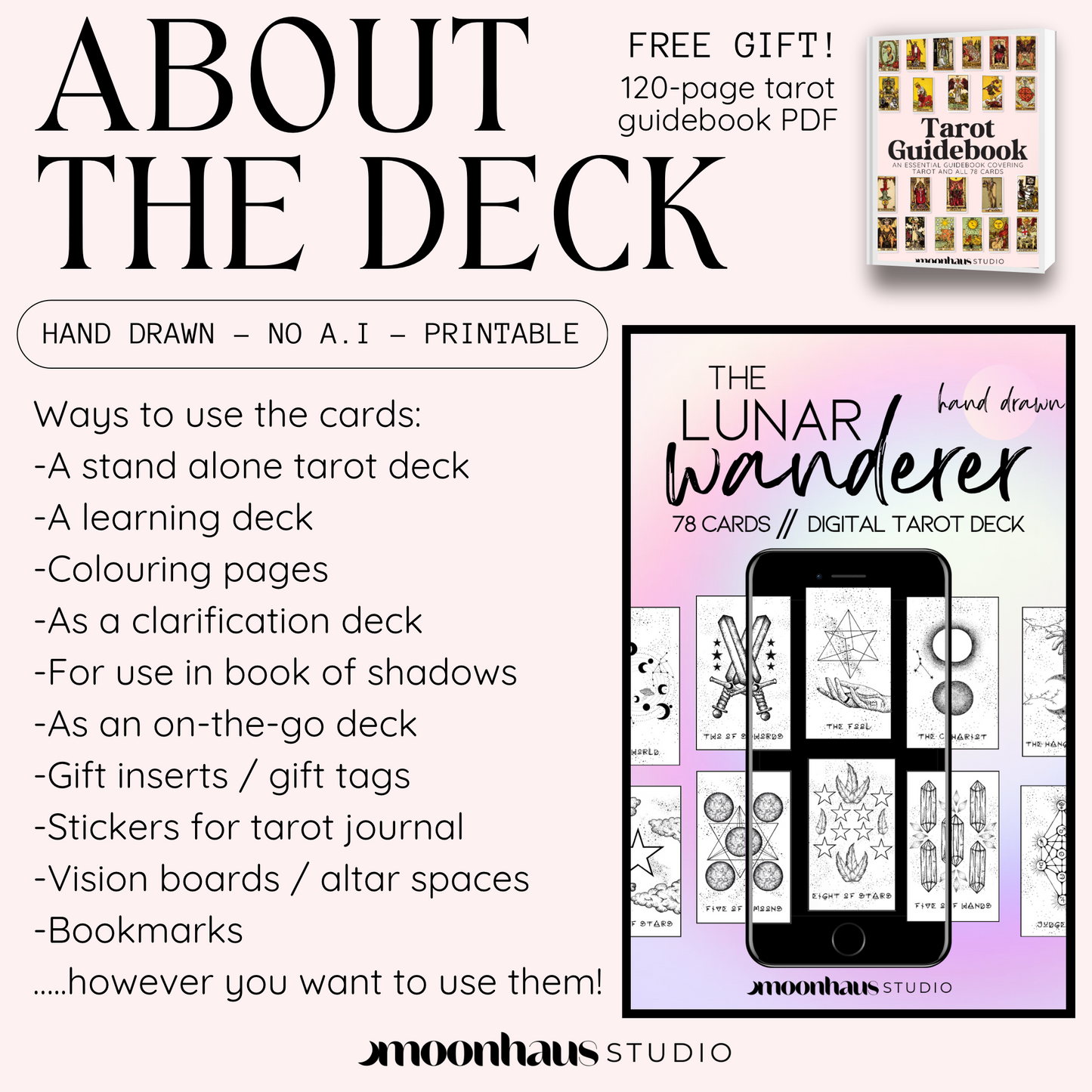 Printable & Digital Tarot Card Deck: The Lunar Wanderer, Indie, Hand Drawn Tarot Art