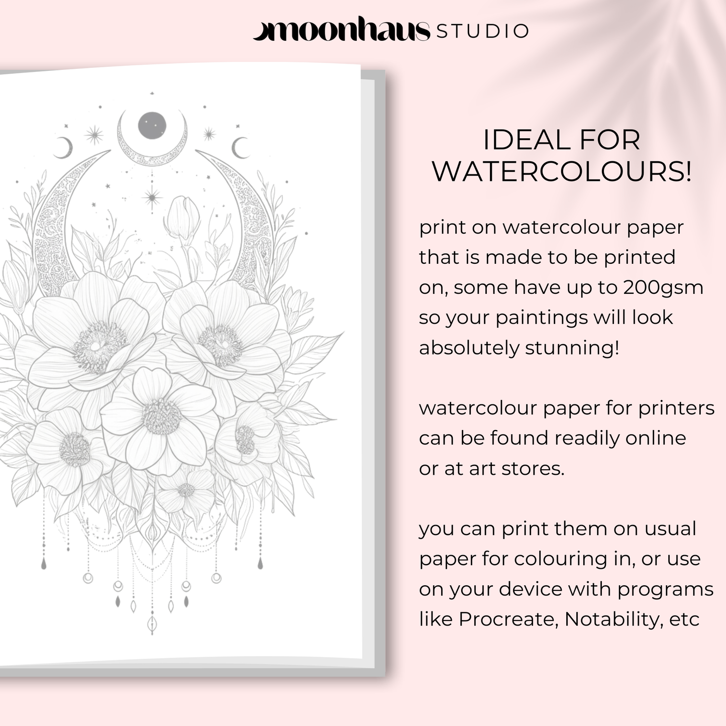 printable adult colouring & watercolour book: floral & celestial, digital download PDF