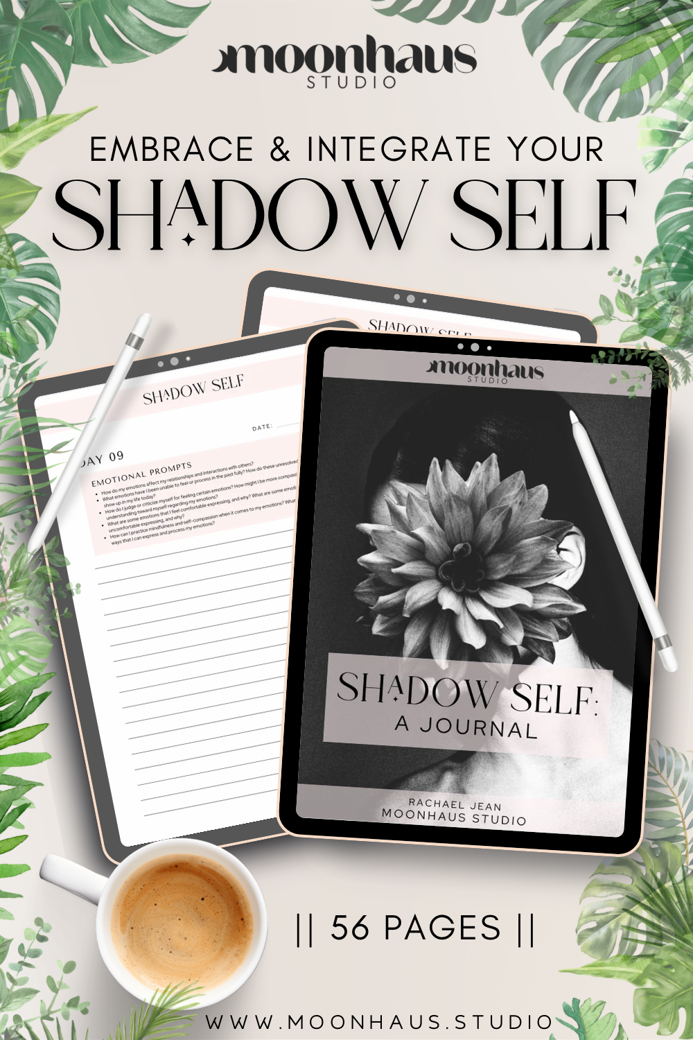 digital printable shadow work journal: aesthetic therapy tools, guided journal prompts, 56 page workbook, goodnotes | notability