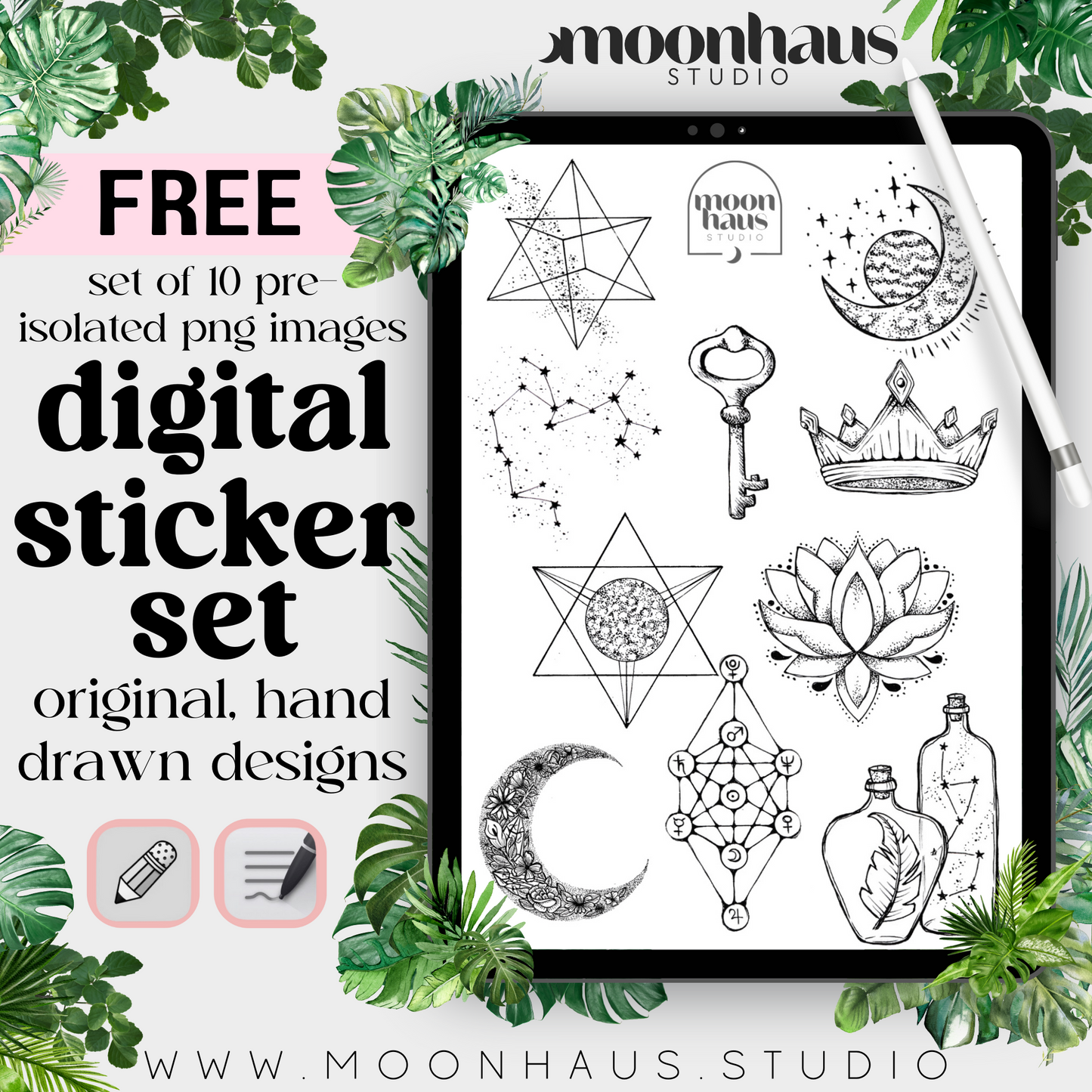 free download: set of 10 digital stickers | hand drawn, original design, freebies