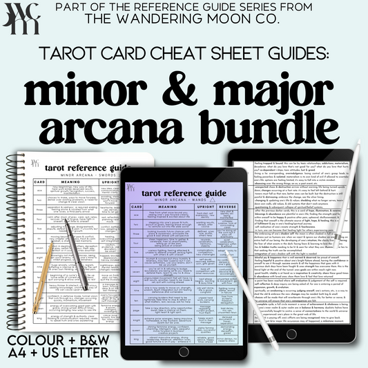 tarot card cheat sheet set: minor and major arcana | eight pages | A4 and US Letter | colour and b&w