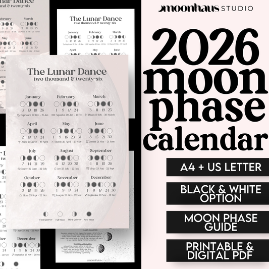 2026 Moon Phase Calendar Printable | Lunar Planner PDF | Witchy Astrology Celestial Decor Wall Art | Digital Journal Insert