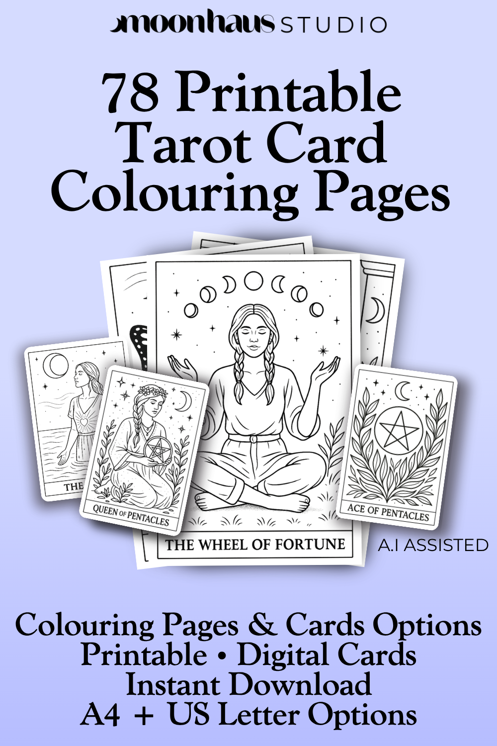78 Tarot Colouring Pages Deck, Printable Tarot Cards to Colour, Digital Mindful Art for Creatives & Tarot Lovers