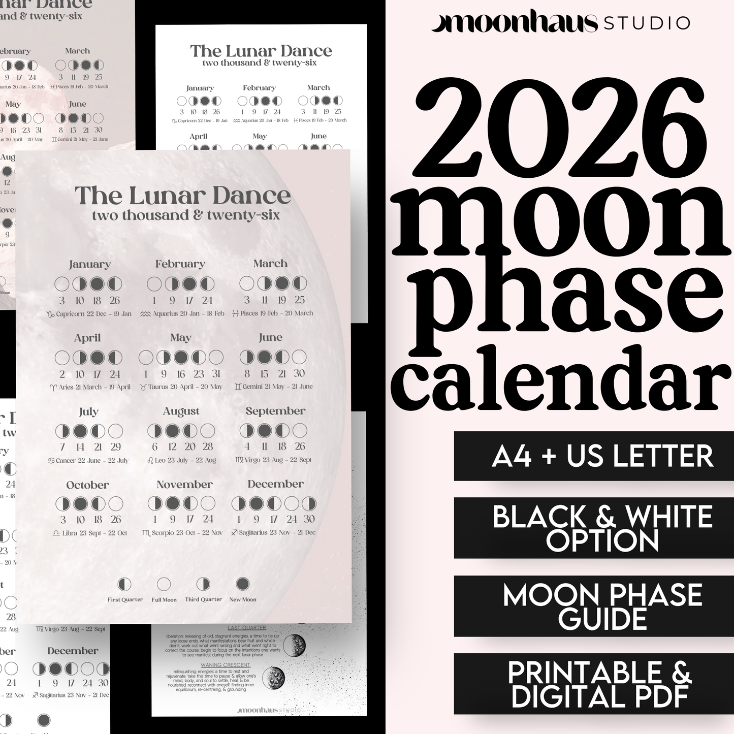 2026 Moon Phase Calendar Printable | Lunar Planner PDF | Witchy Astrology Celestial Decor Wall Art | Digital Journal Insert