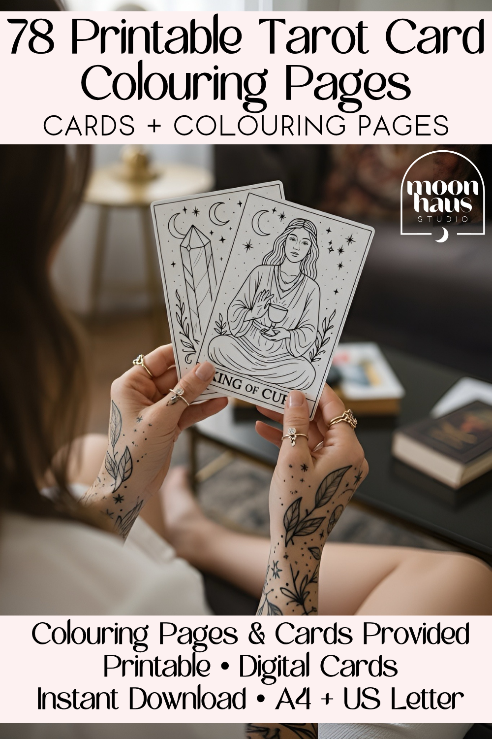 78 Tarot Colouring Pages Deck, Printable Tarot Cards to Colour, Digital Mindful Art for Creatives & Tarot Lovers