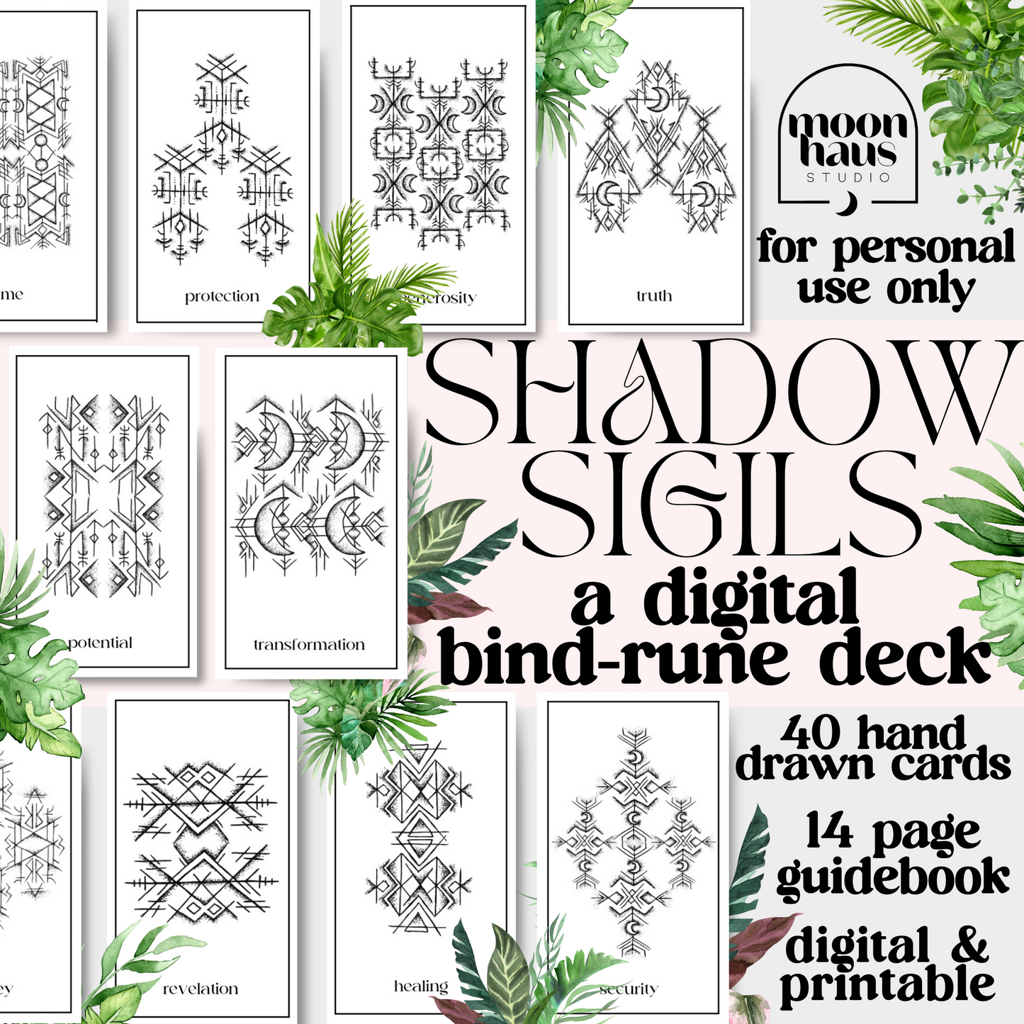 digital oracle rune deck: Shadow Sigils, printable PDF deck with guidebook, hand drawn