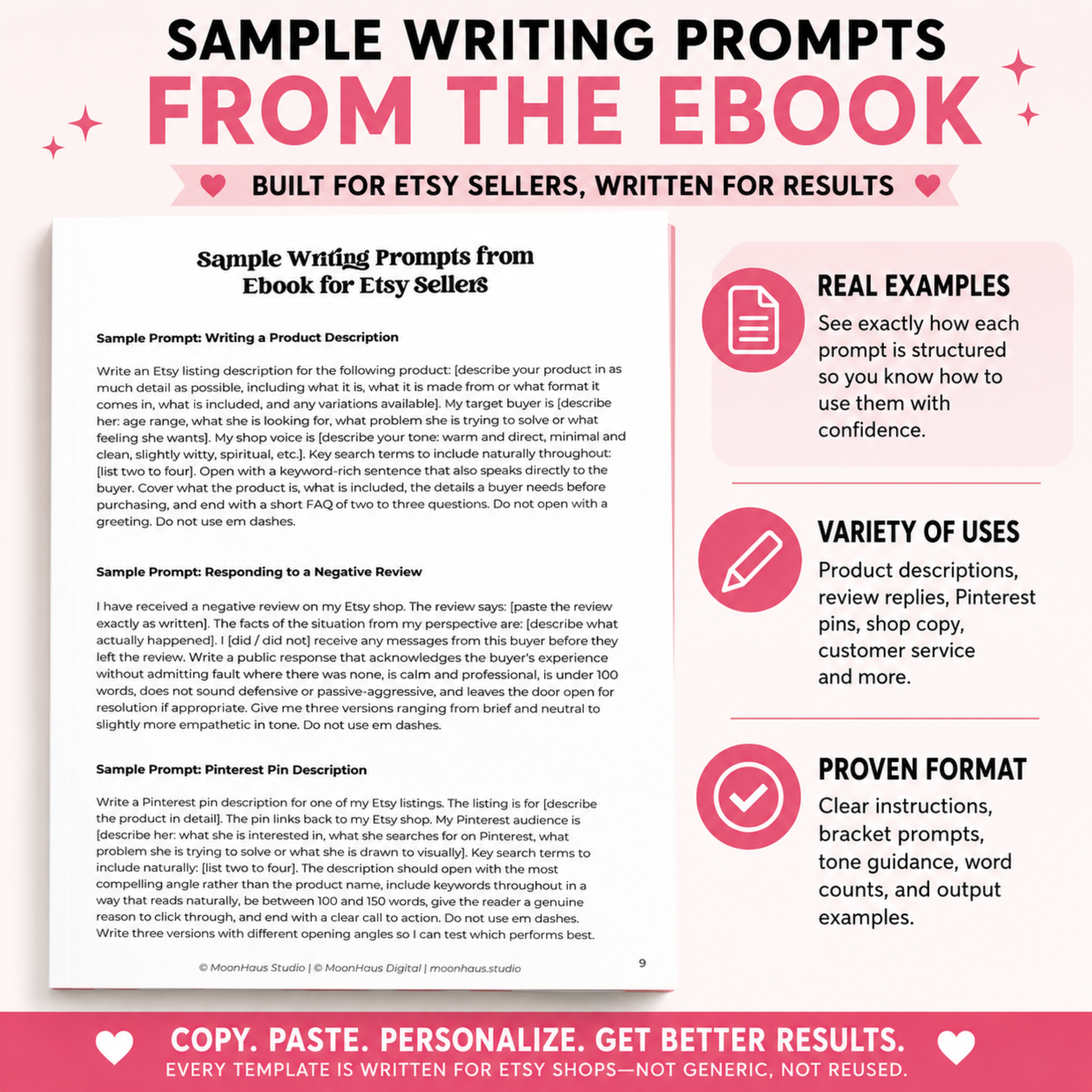 Etsy Sellers Prompts Ebook | Claude AI ChatGPT Writing Prompt Pack Templates | Side Hustle SEO Listings