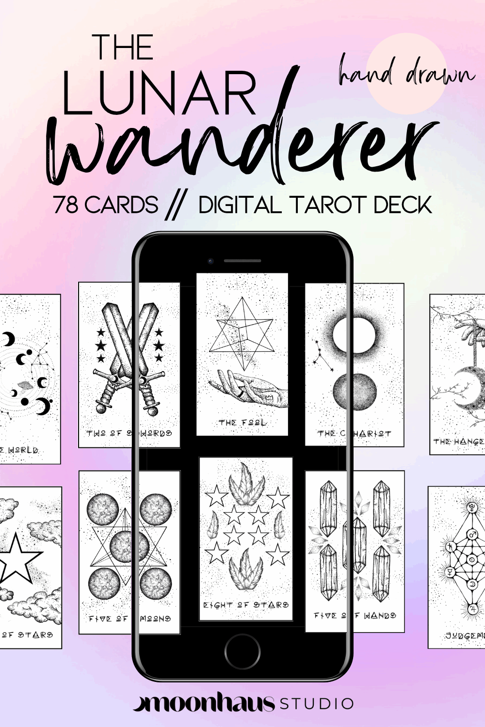 Printable & Digital Tarot Card Deck: The Lunar Wanderer, Indie, Hand Drawn Tarot Art |