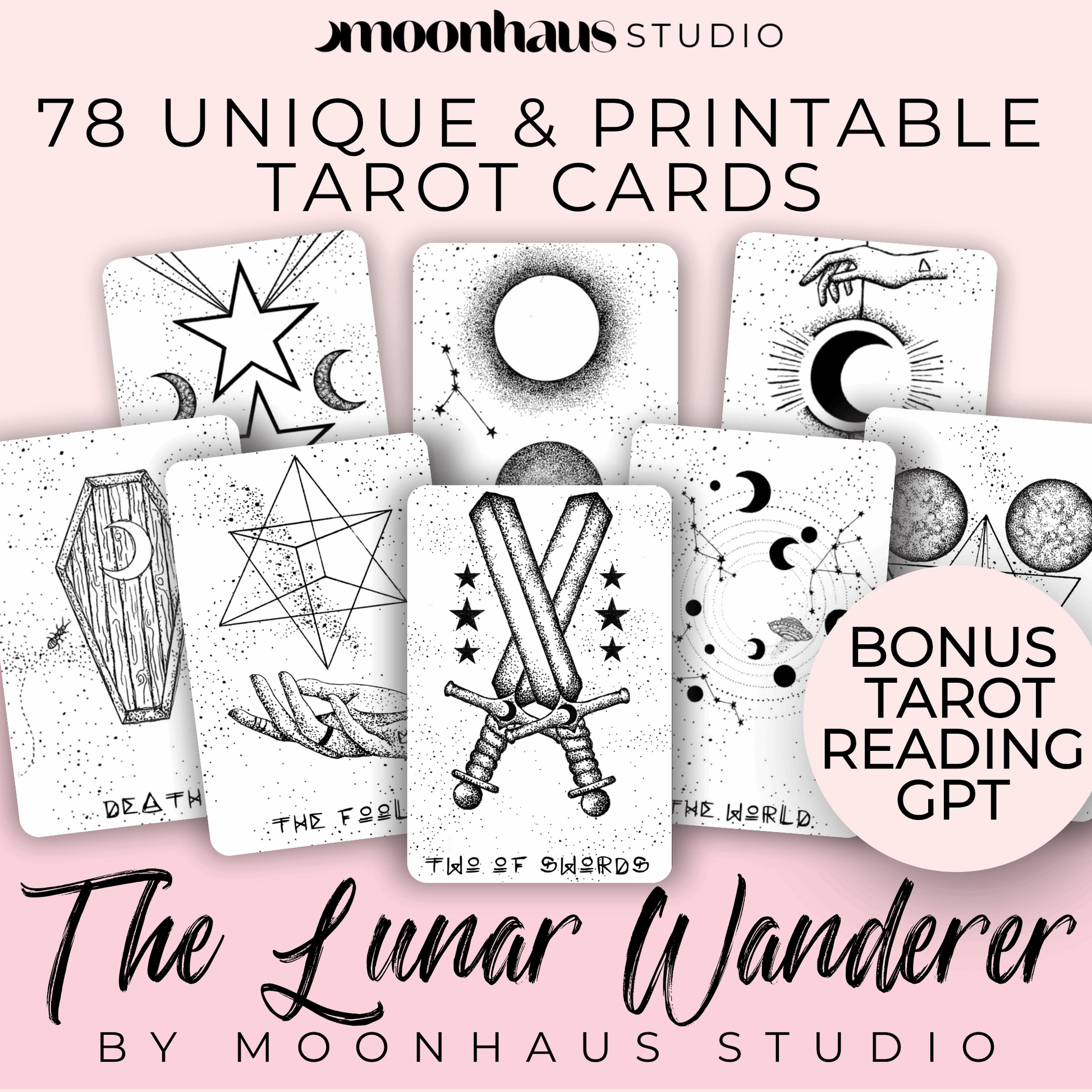 Printable & Digital Tarot Card Deck: The Lunar Wanderer, Indie, Hand Drawn Tarot Art