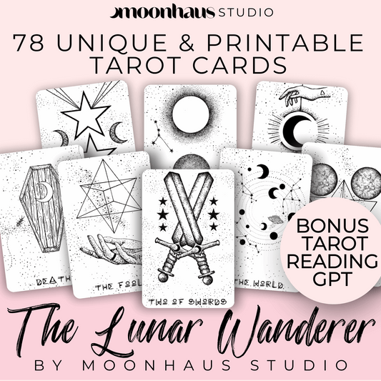 Printable & Digital Tarot Card Deck: The Lunar Wanderer, Indie, Hand Drawn Tarot Art