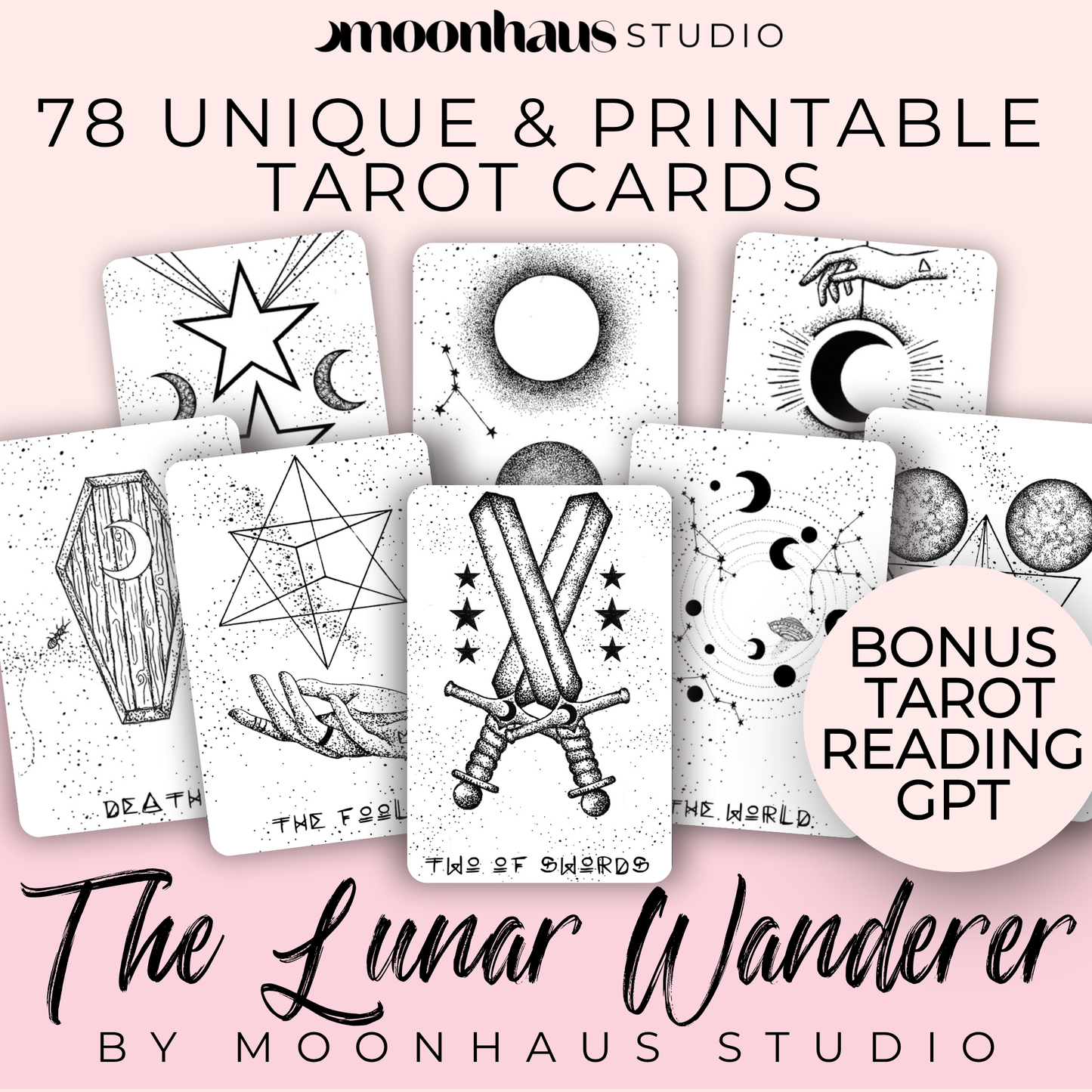 Printable & Digital Tarot Card Deck: The Lunar Wanderer, Indie, Hand Drawn Tarot Art