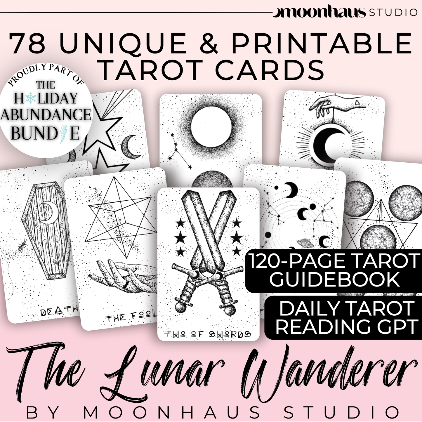 Printable & Digital Tarot Card Deck: The Lunar Wanderer, Indie, Hand Drawn Tarot Art | The Holiday Abundance Bundle
