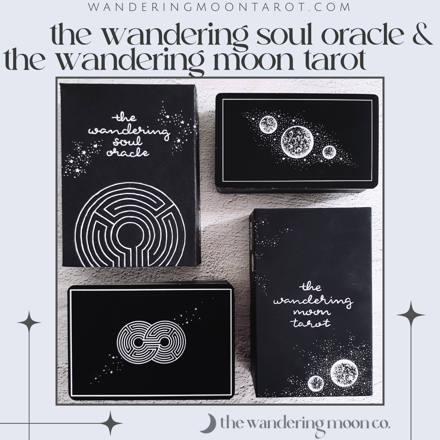 tarot card & oracle deck gift set: indie decks set | holographic, unique aesthetic | white & black tarot cards & oracle cards | divination guide booklets with tarot spreads