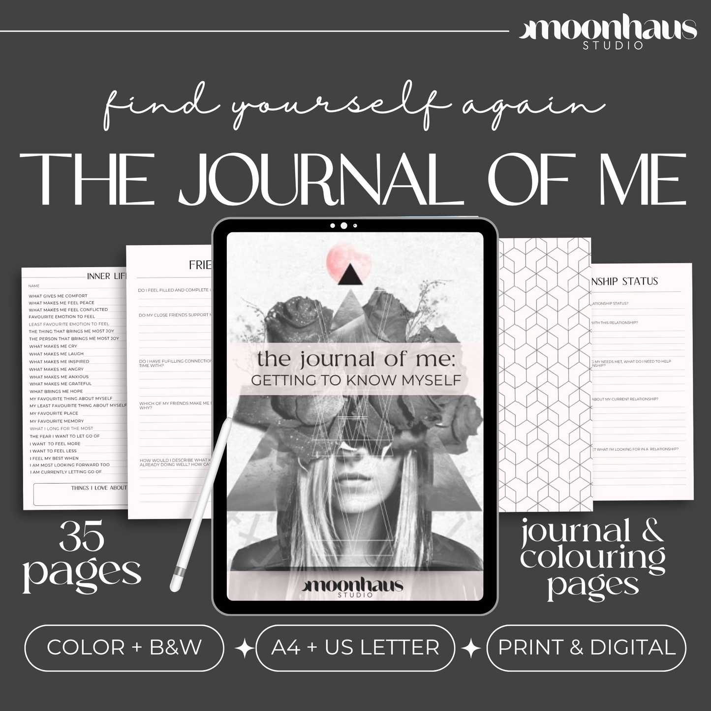 The Journal Of Me: Insight, Self-discovery, & Reflection | Aesthetic Journal & Mindful Colouring, 35 Pages | Printable & Digital PDF