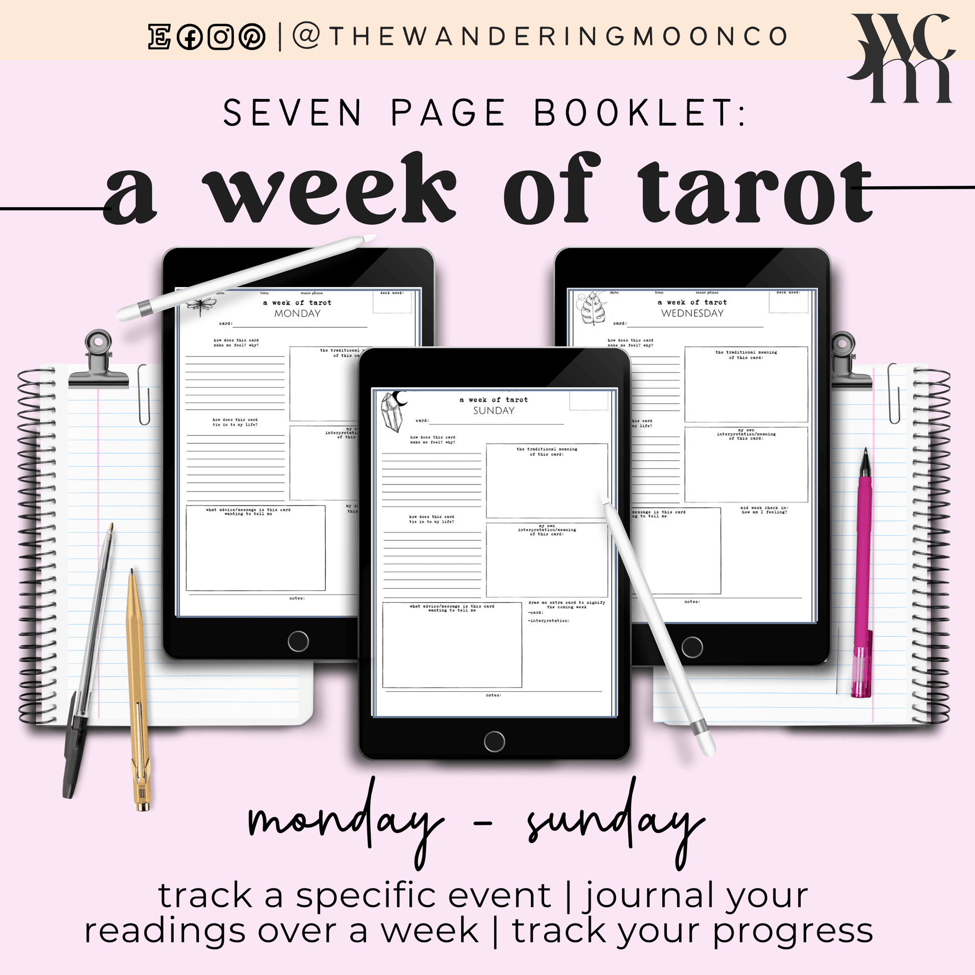 a graphic showing 3 pages from the week of tarot journal