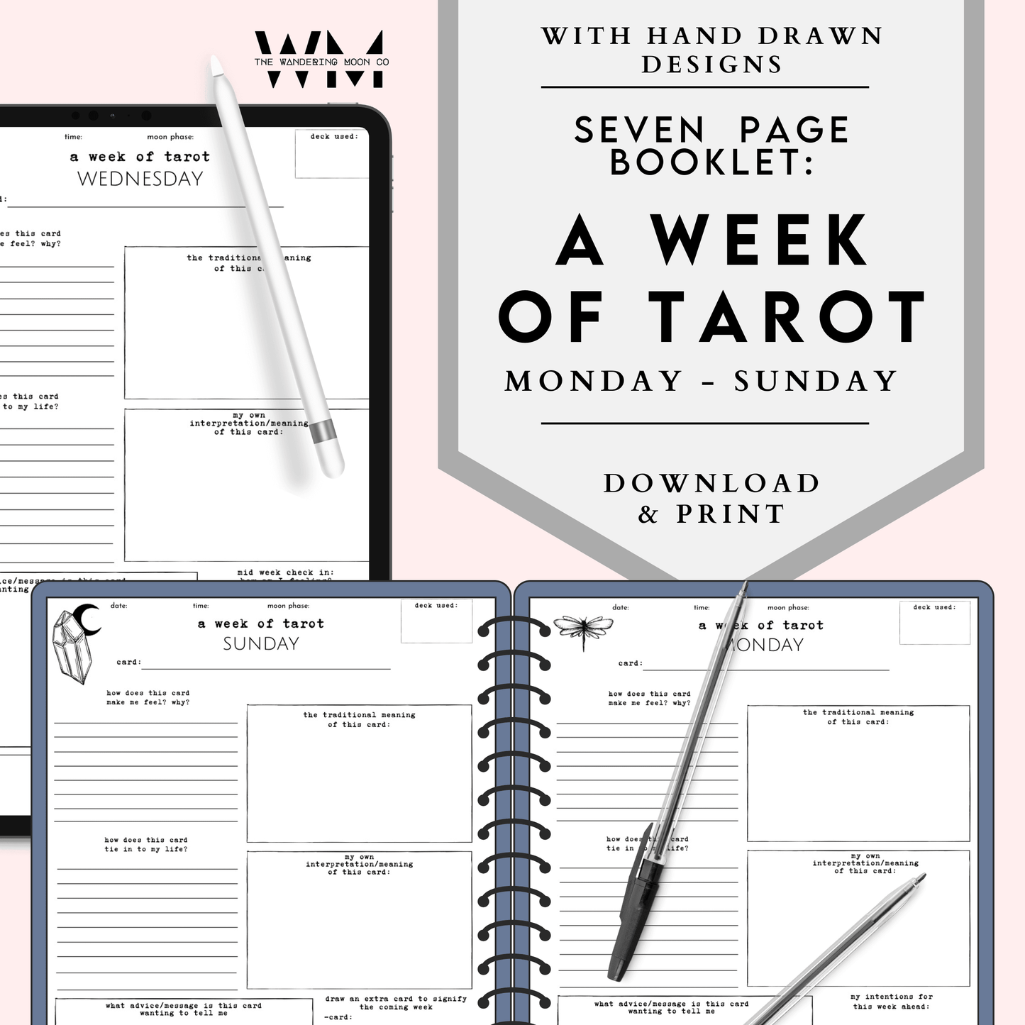 tarot journal page: daily card draw prompts, digital download – moon haus  studio