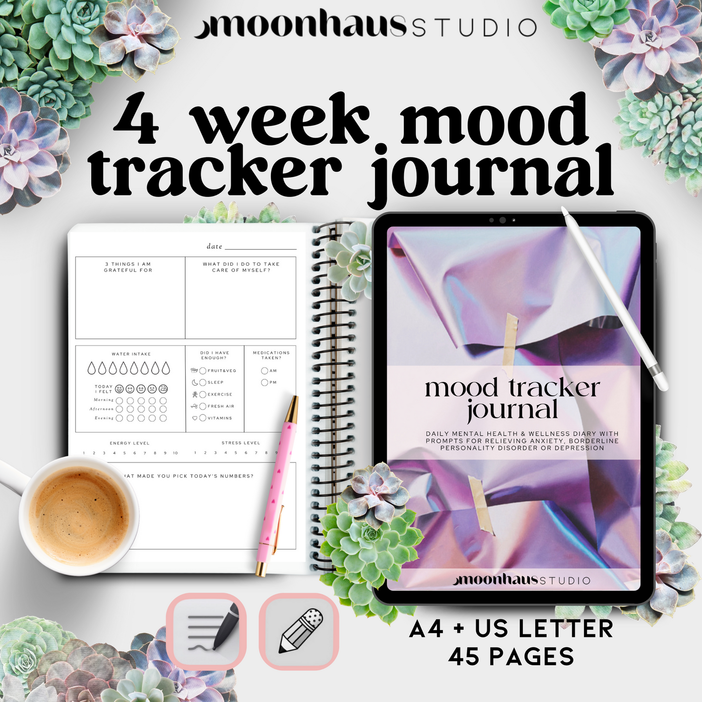 digital journal: mood tracker, aesthetic journal, mental health journal, depression, anxiety, mental wellness, chronic pain & illness