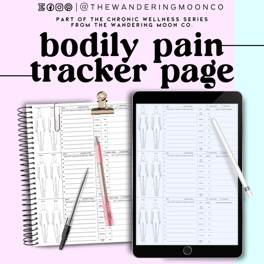 bodily pain tracker journal page, chronic pain and illness, disability, invisible illness