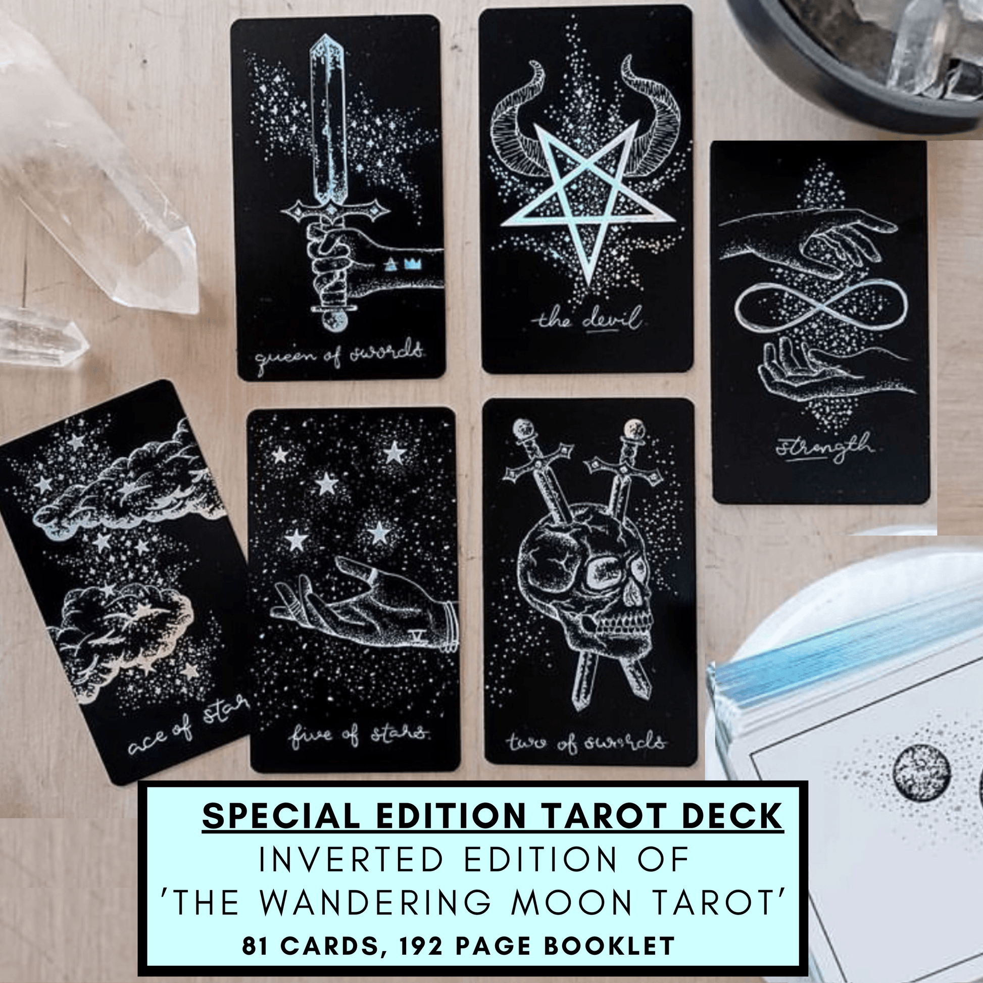 6 cards in tarot spread layout, the devil card stands out, from Midnight Sky indie tarot deck