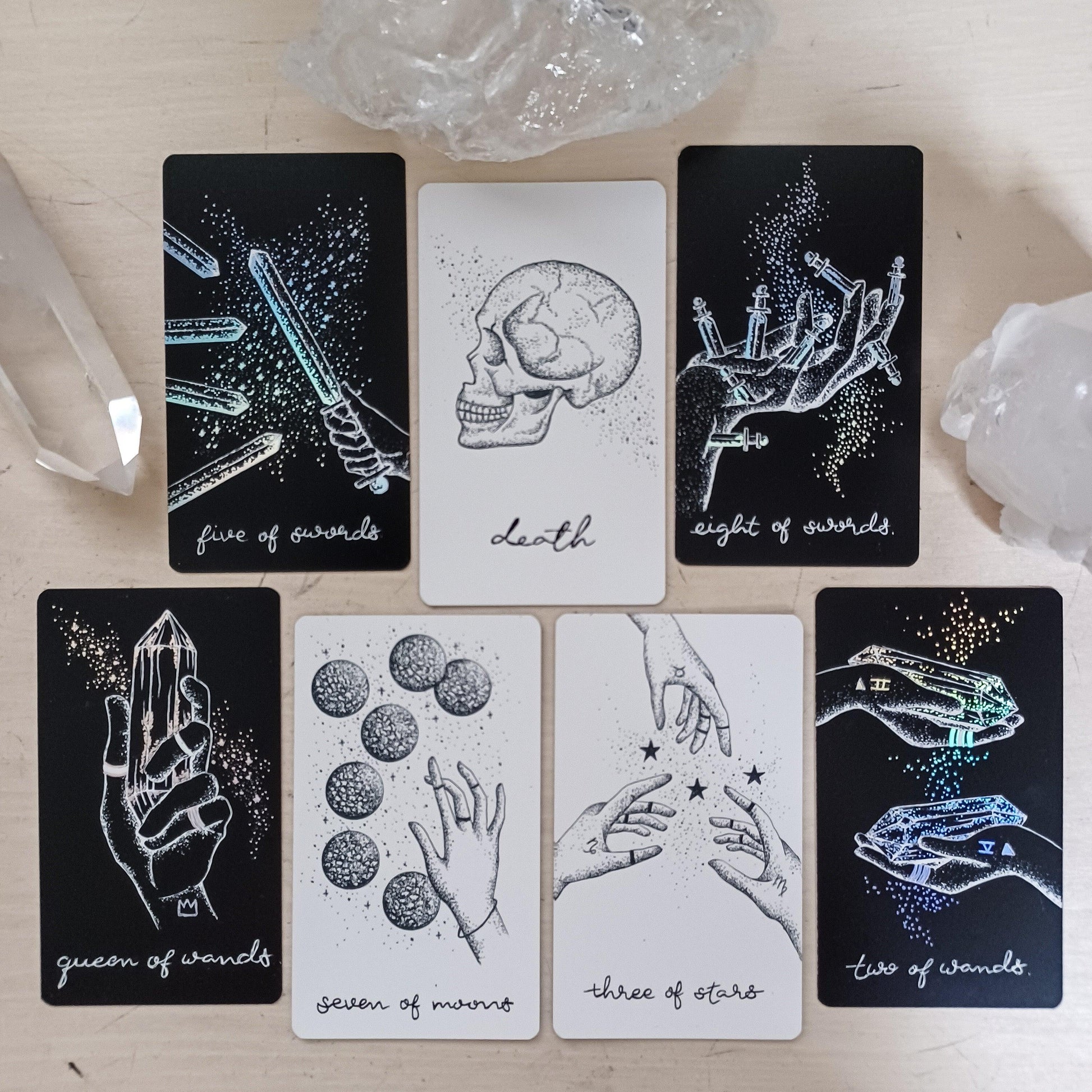 tarot cards from Midnight Sky with tarot cards from Wandering Moon Tarot, inverted black & white