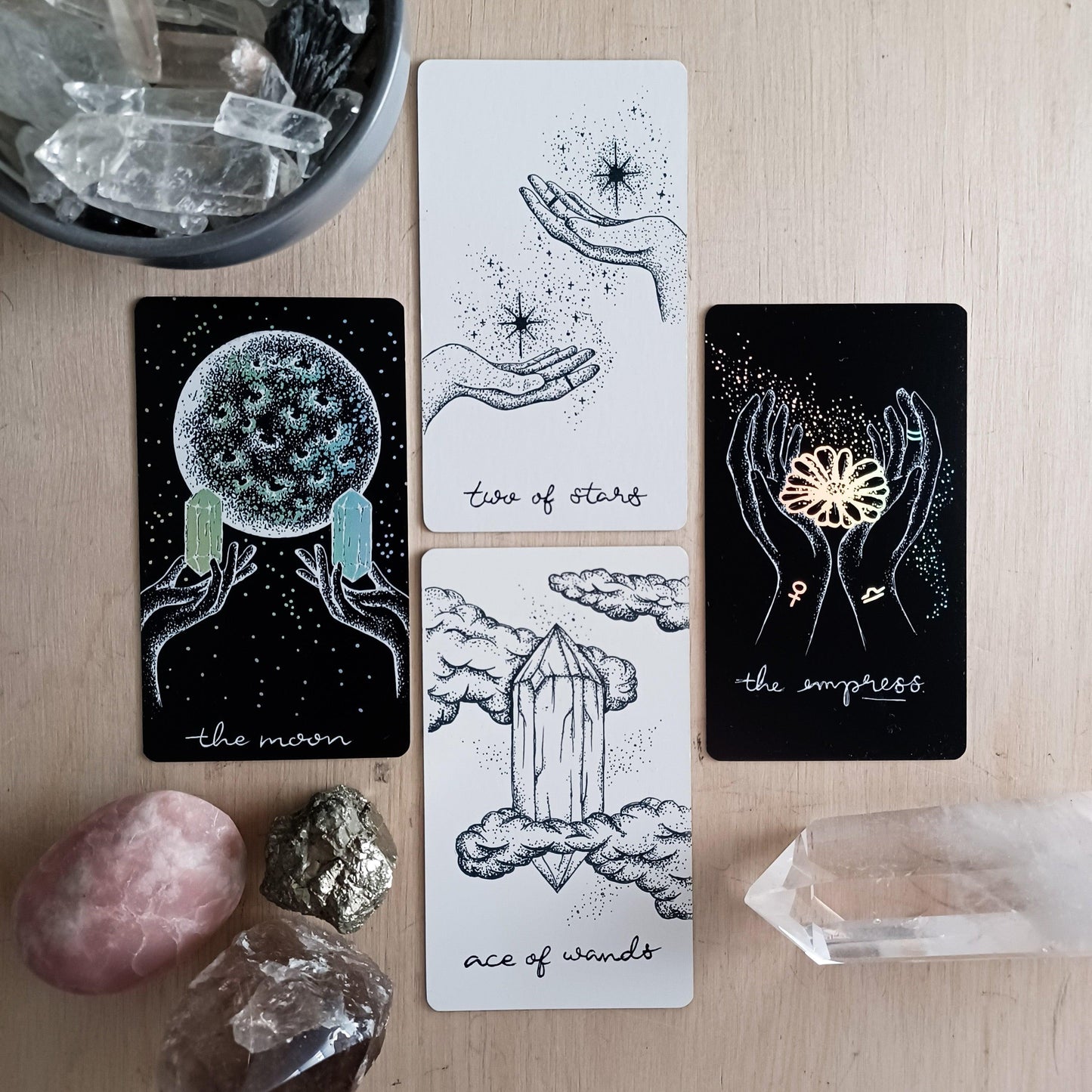 hand drawn tarot cards from Wandering Moon Tarot deck with inverted cards from special edition deck