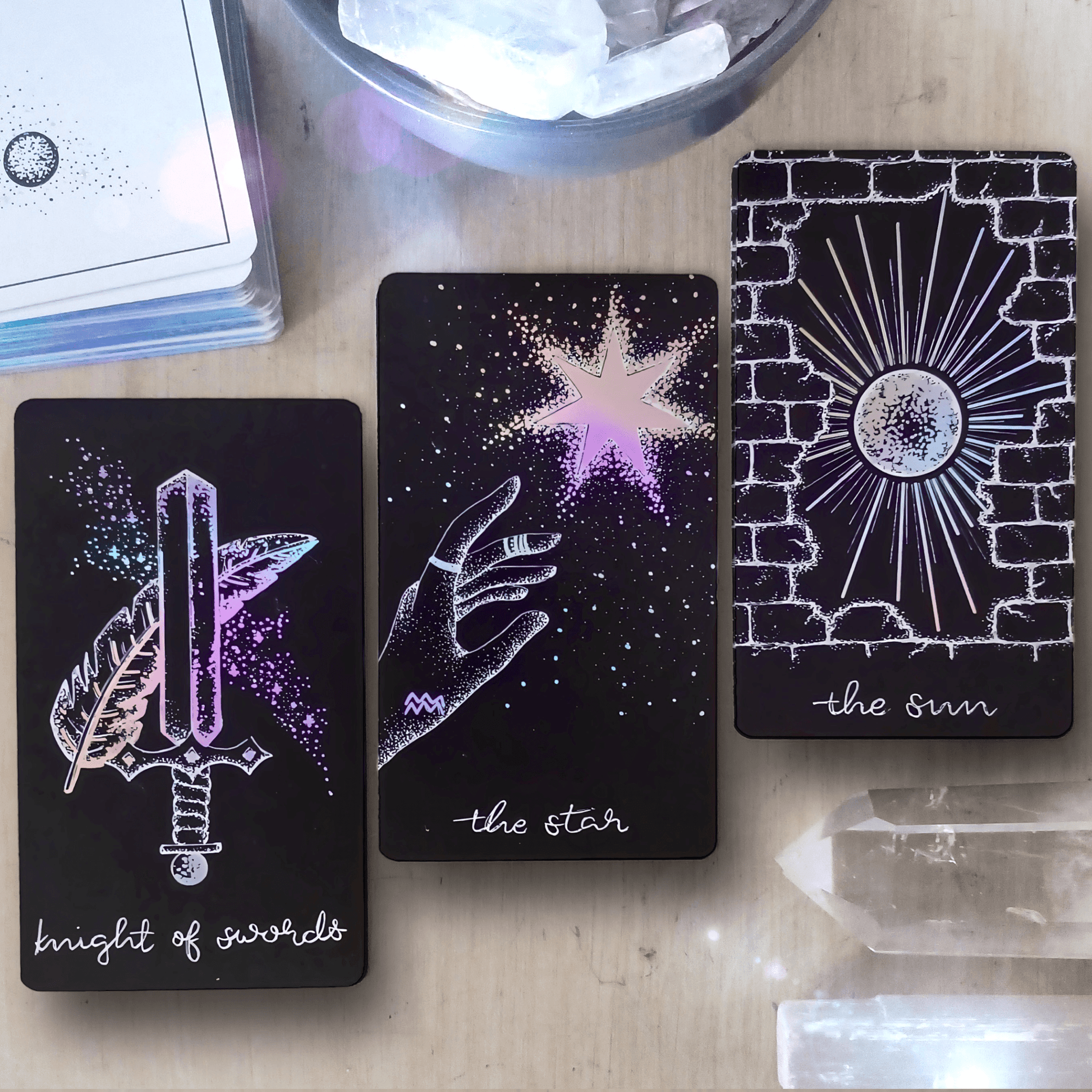 purple/pink holographic tarot cards from indie tarot deck, Midnight Sky
