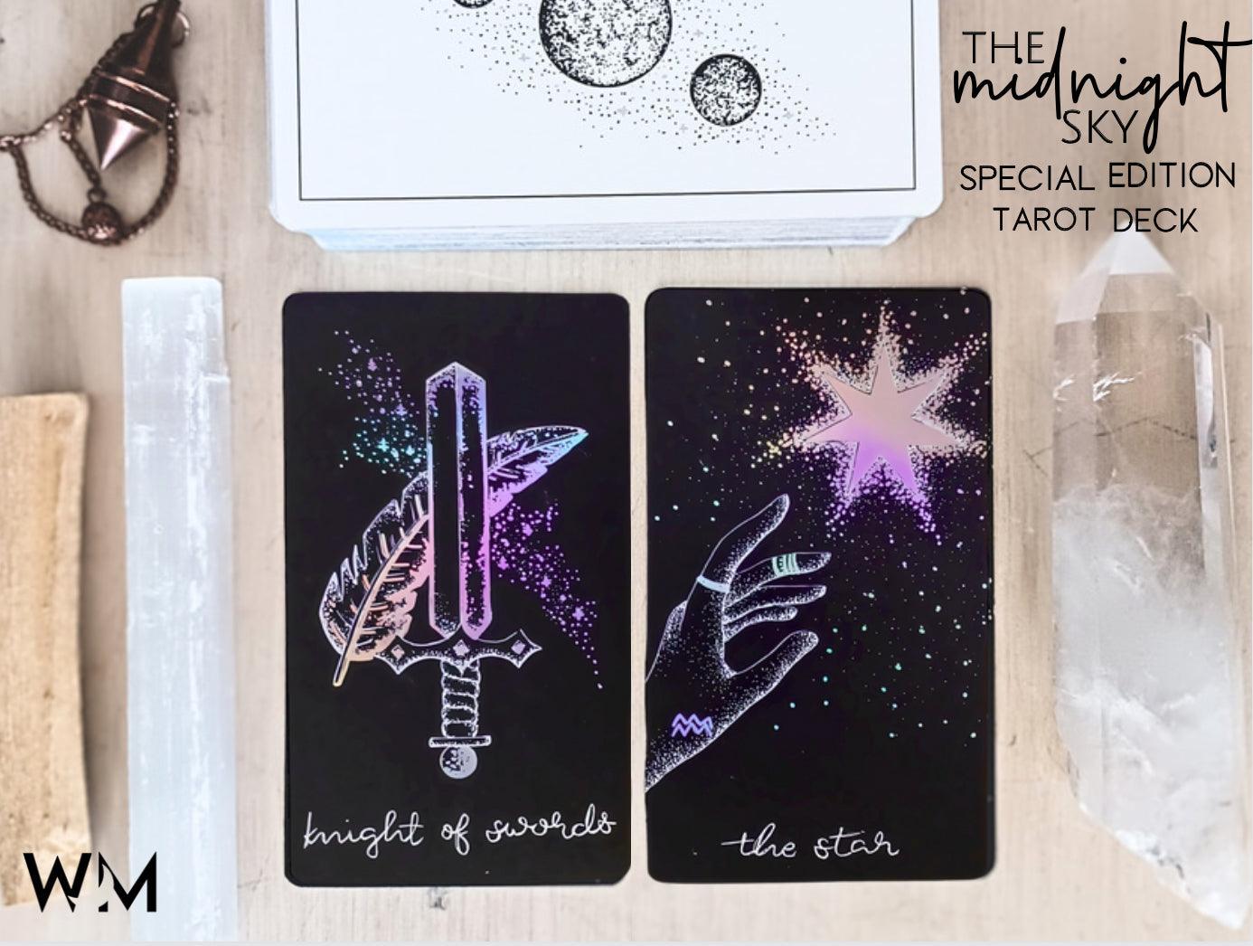 pink/purple glowing holographic aesthetic from Midnight Sky indie tarot deck from Wandering Moon