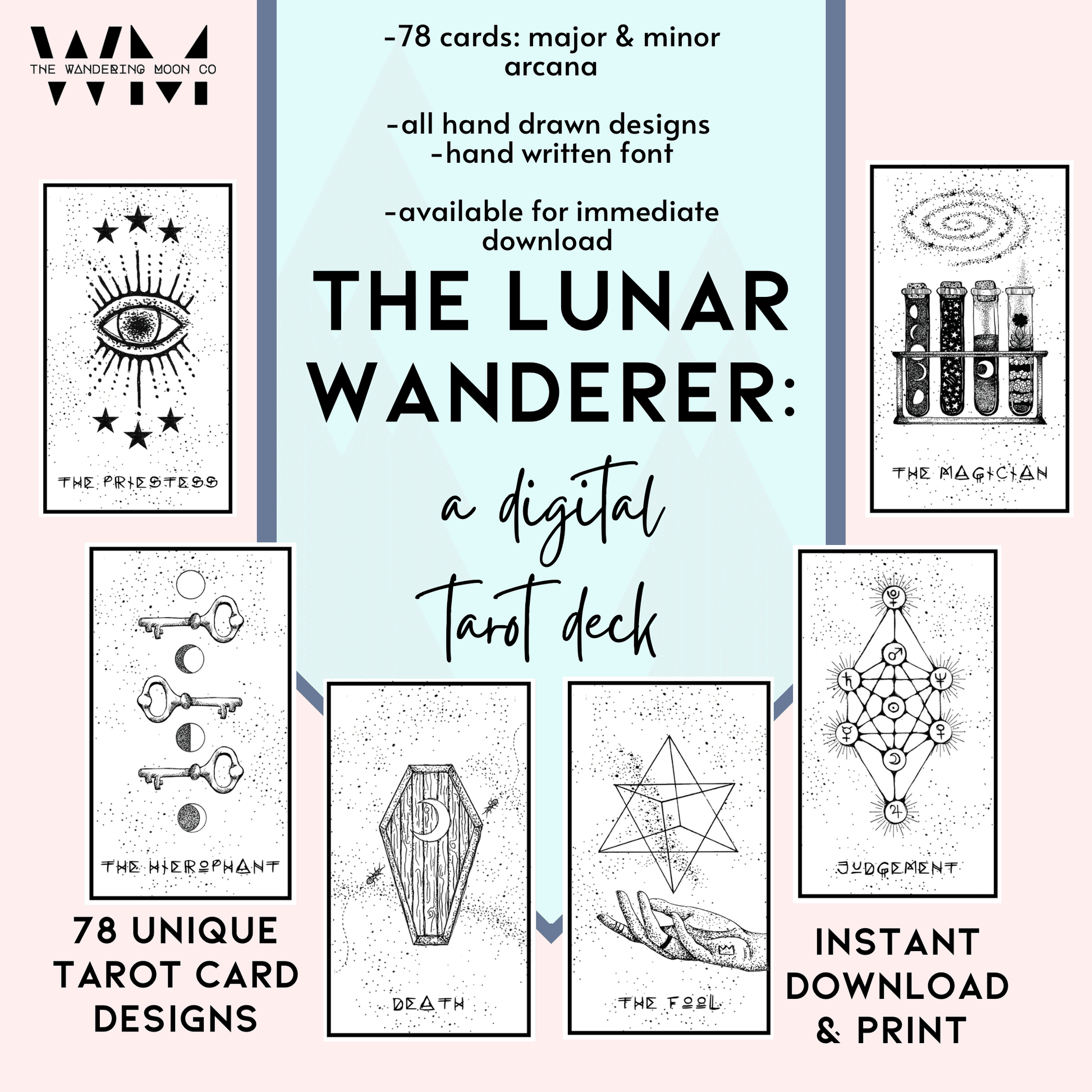 digital tarot deck: the lunar wanderer 78 card hand illustrated printable deck