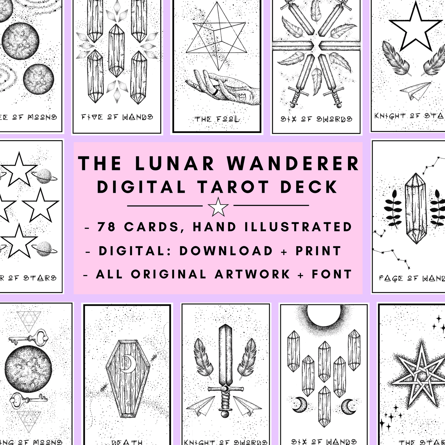 digital tarot deck: the lunar wanderer 78 card hand illustrated printable deck