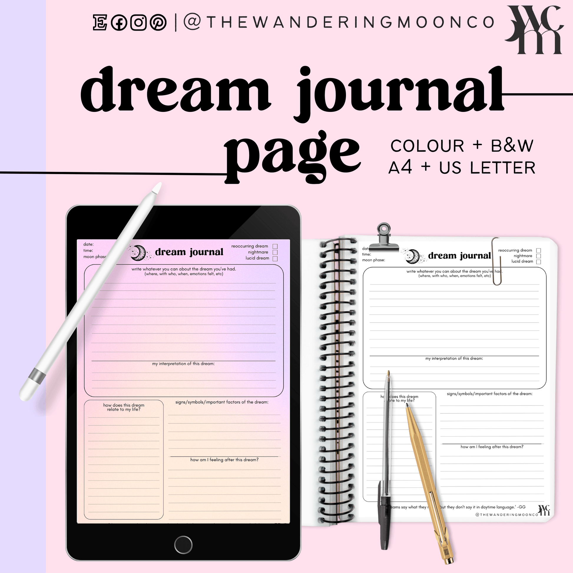 dream journal page, PDF print + download, dream diary, dream tracker, interpretation