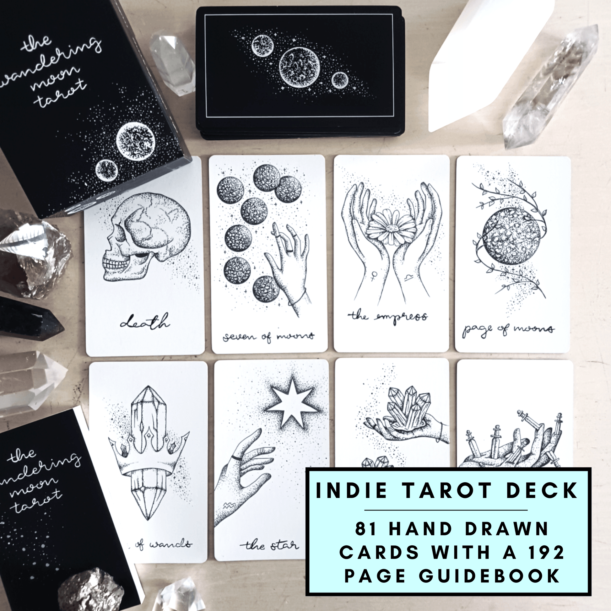 free tarot deck! Wandering Moon Tarot Deck, Celestial Tarot Cards, Crystal Tarot Card Deck, Indie Tarot Deck, Beginner Tarot Deck, Tarot Deck with Guide