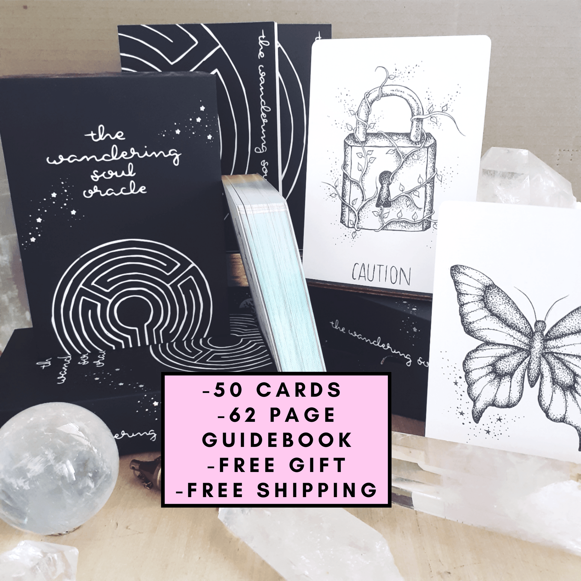 free tarot deck: wandering soul oracle, holographic illustrated aesthetic oracle cards - The Wandering Moon Co.
