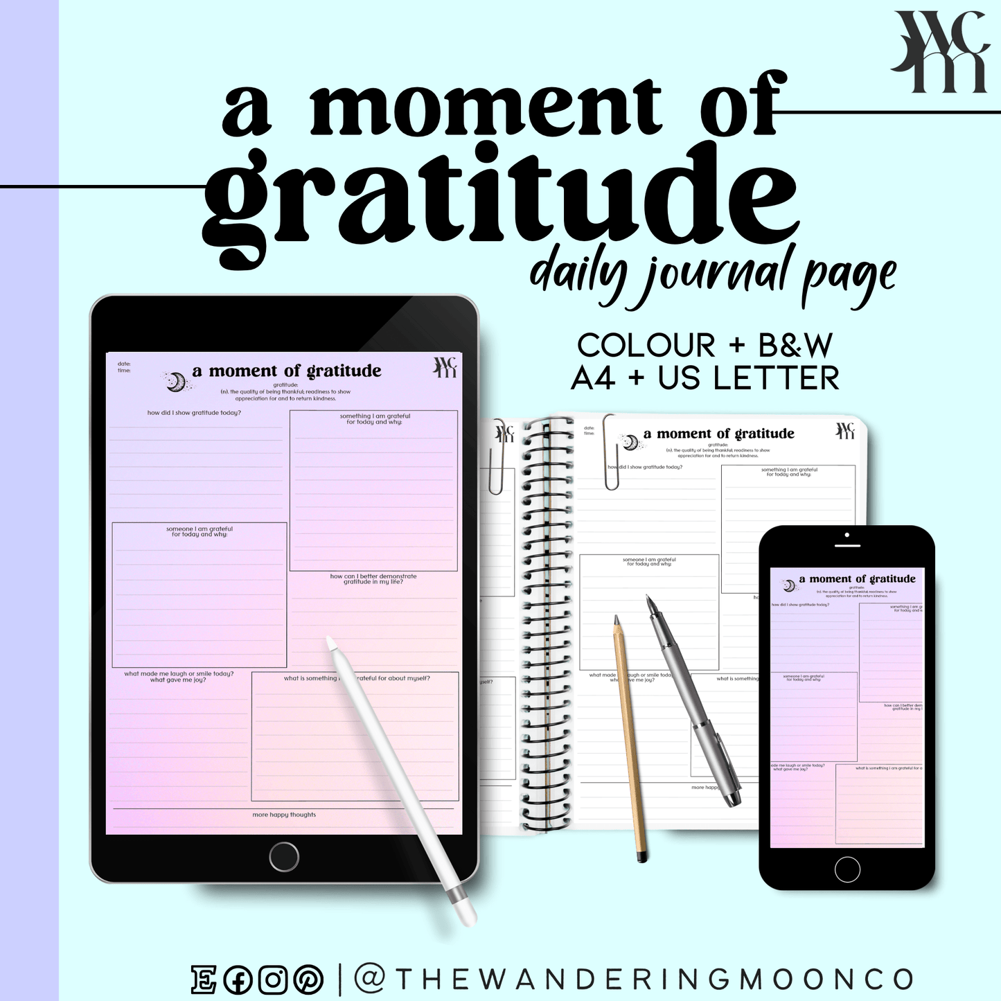 gratitude journal page: printable, digital, in colour, b&w - The Wandering Moon Co.