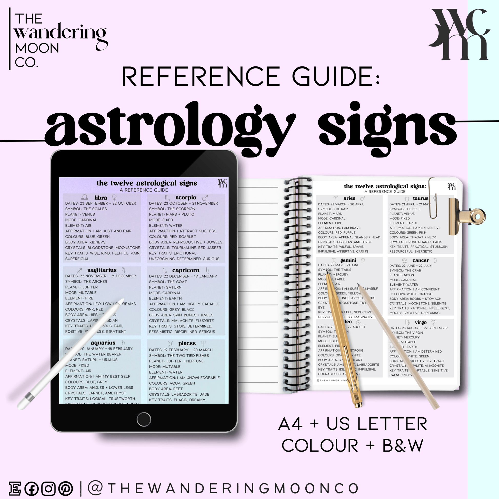 astrology signs cheat sheet mock up with ipad